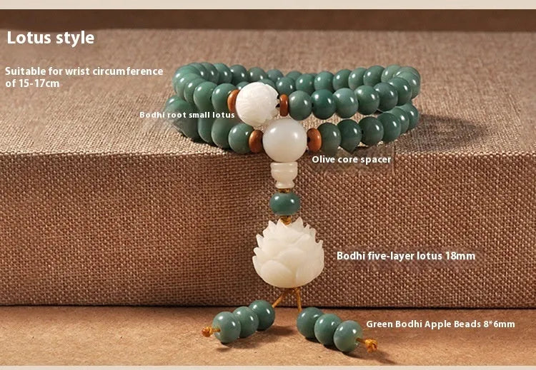 Bodhi seed and green sandalwood unisex bracelet with double ring safety buckle