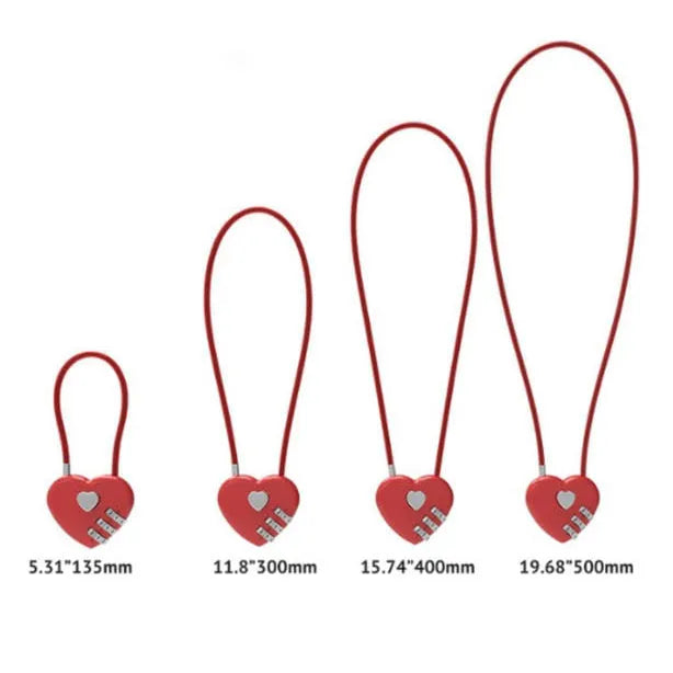 Peach heart-shaped ABS plastic love lock with a steel rope, shown in various colours.