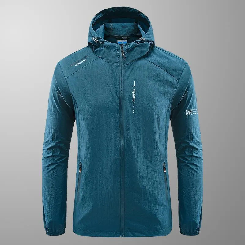 Men's thin nylon hooded summer jacket in light grey colour showing loose fit design