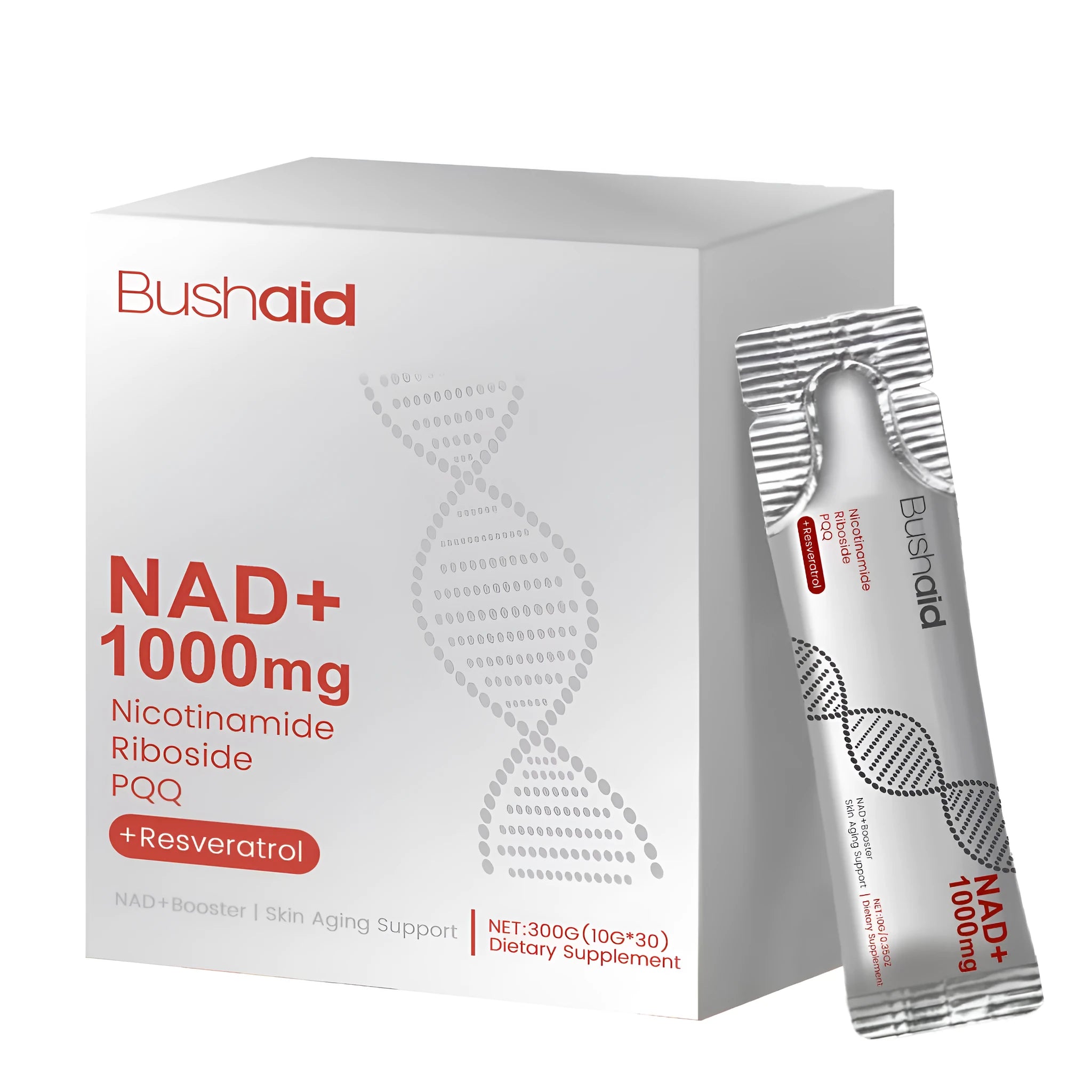 Bottle or sachet of liquid anti-aging supplement drink with listed ingredients: nicotinamide ribose, resveratrol, PQQ.
