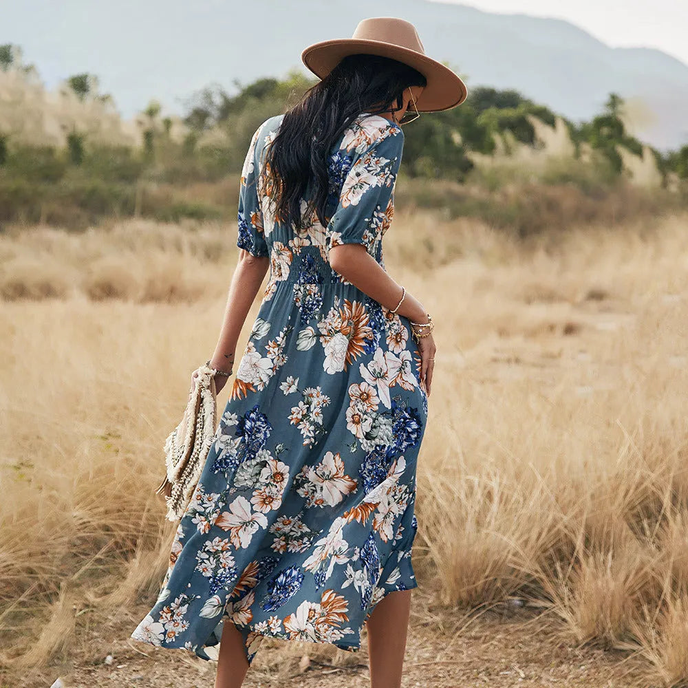 Floral print summer beach dress for women with V-neck and elastic high waist