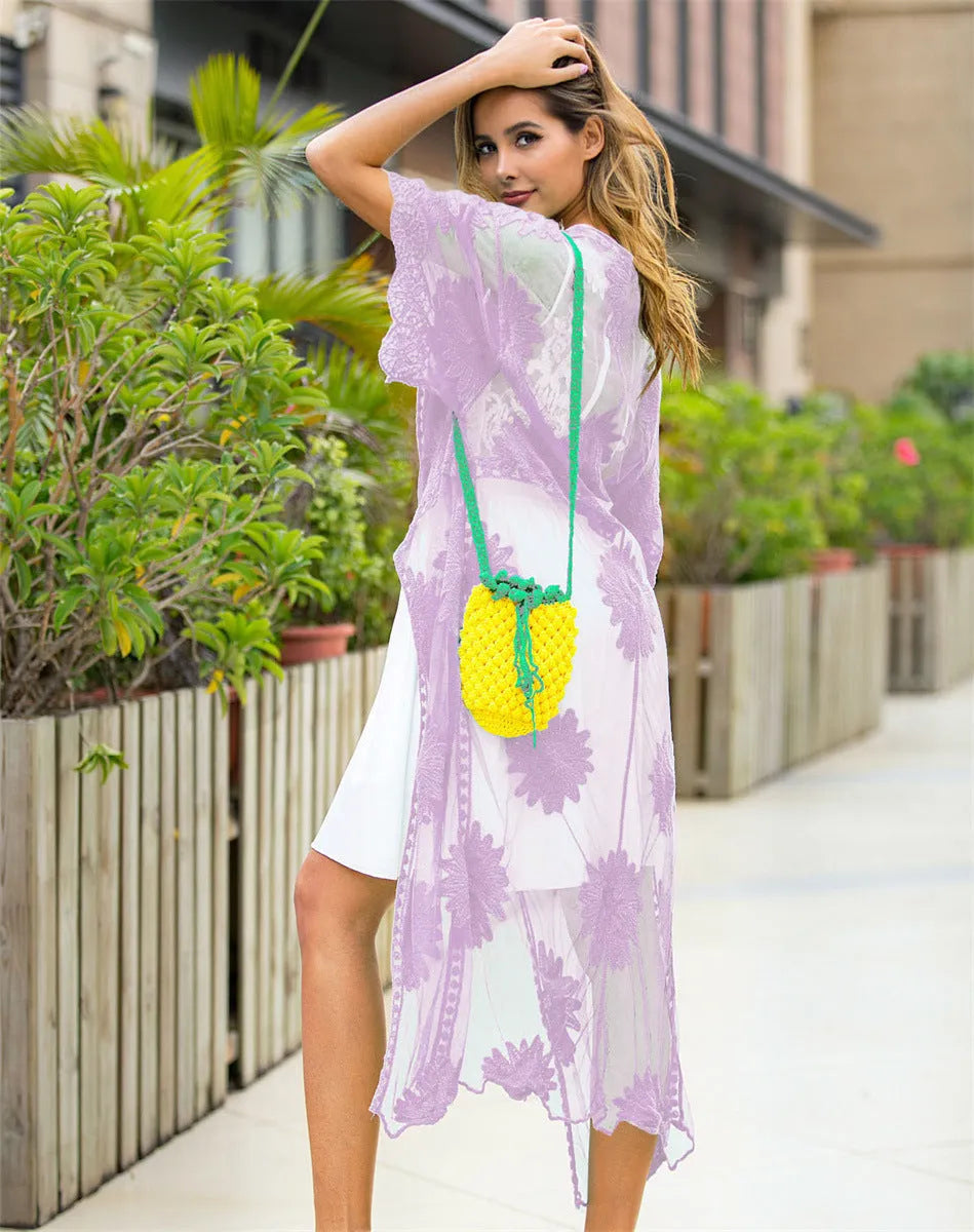 Light purple cotton beach dress with lace embroidery details, swimsuit cover-up for women