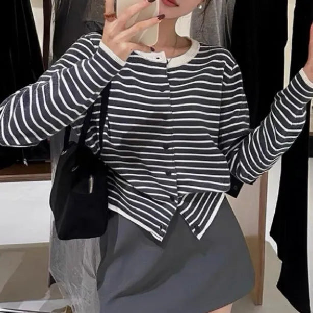 Women's dark grey and white striped French style cardigan with slim fit and 40cm length