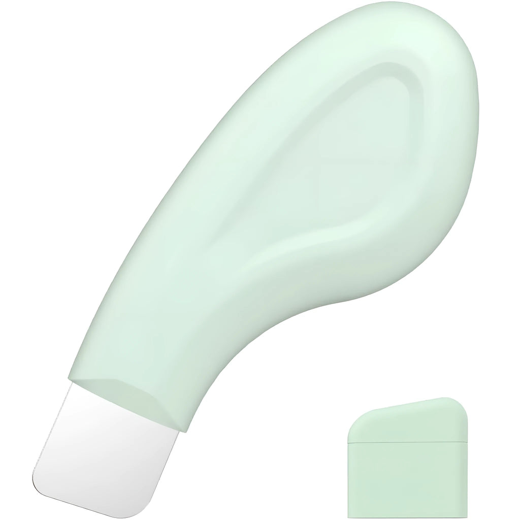 Stainless steel blackhead scraper tool with non-slip handle for facial pore cleansing.