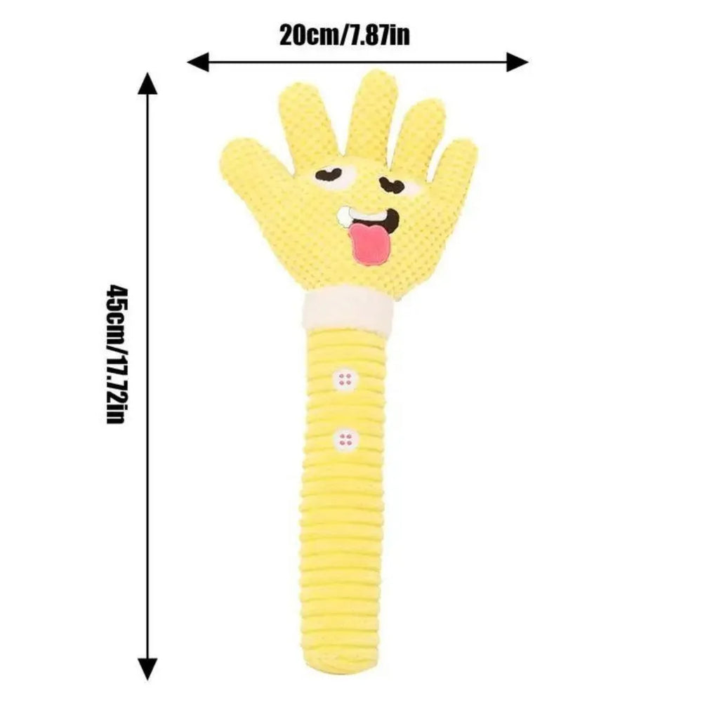 Yellow palm-shaped plush dog teething toy with squeaker for puppies