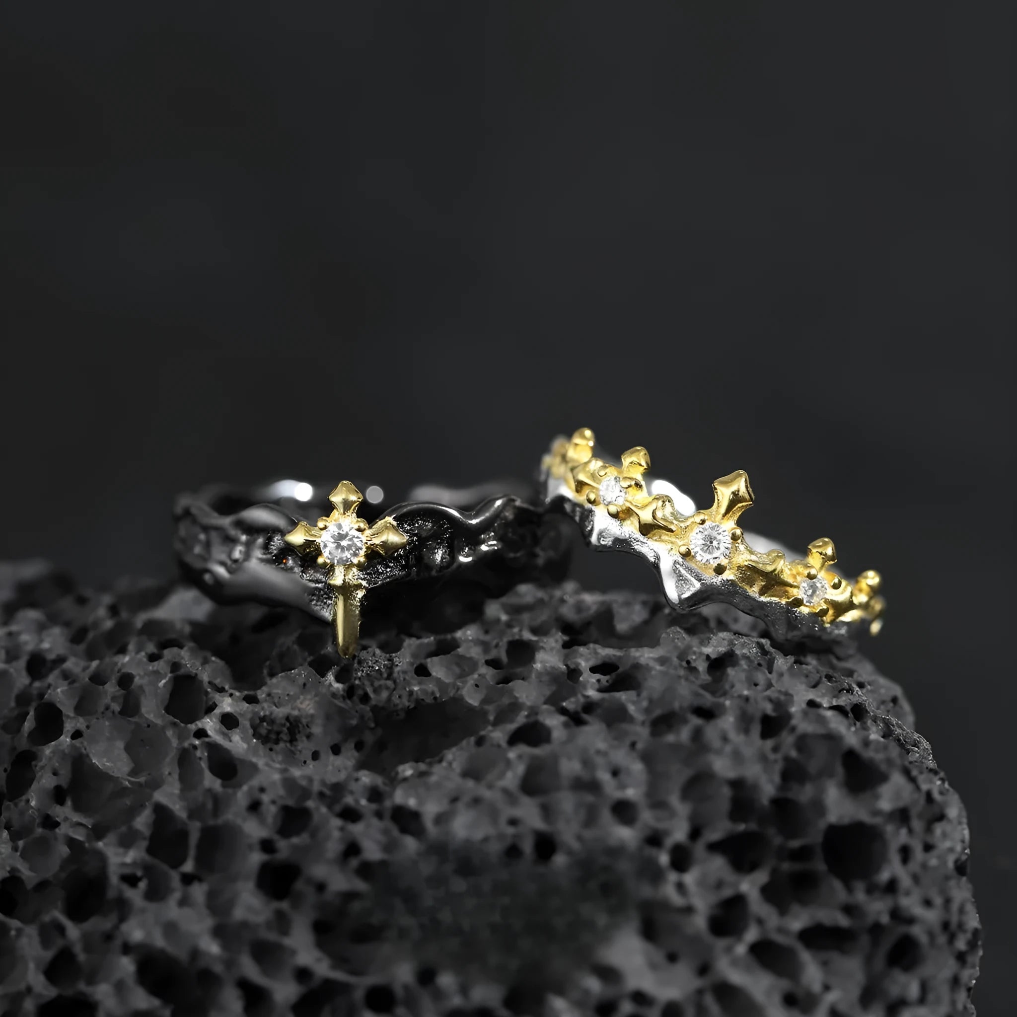 Princess Knight adjustable silver couple ring with white gold or black gold electroplated finish.