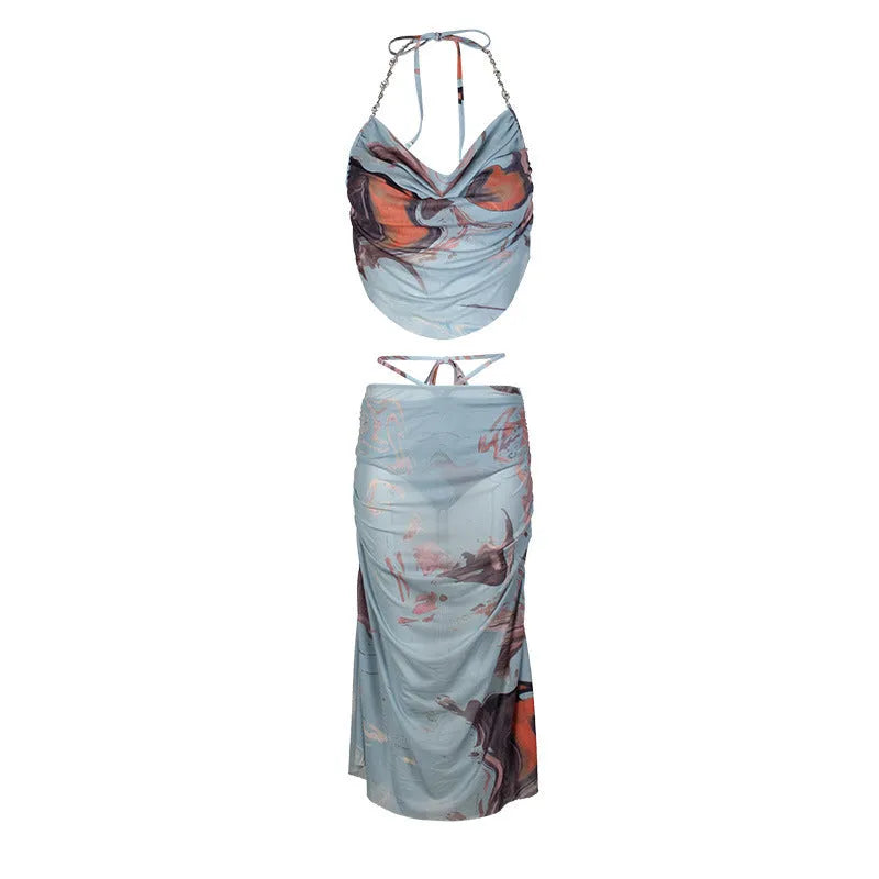 Blue women's three-piece bikini swimwear set with split design and high elasticity nylon fabric