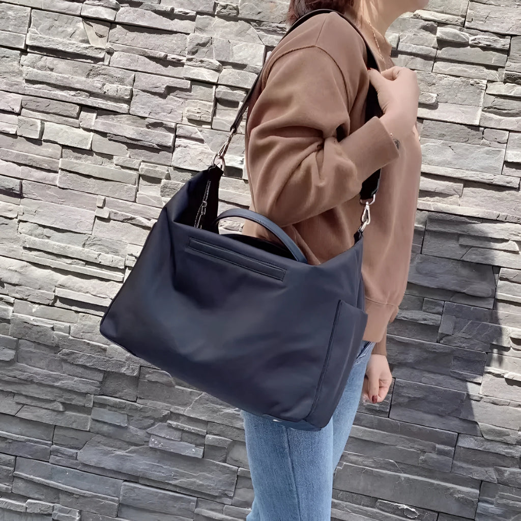 Nylon waterproof cloth shoulder bag in black with leather trim, large 35x14x27cm capacity