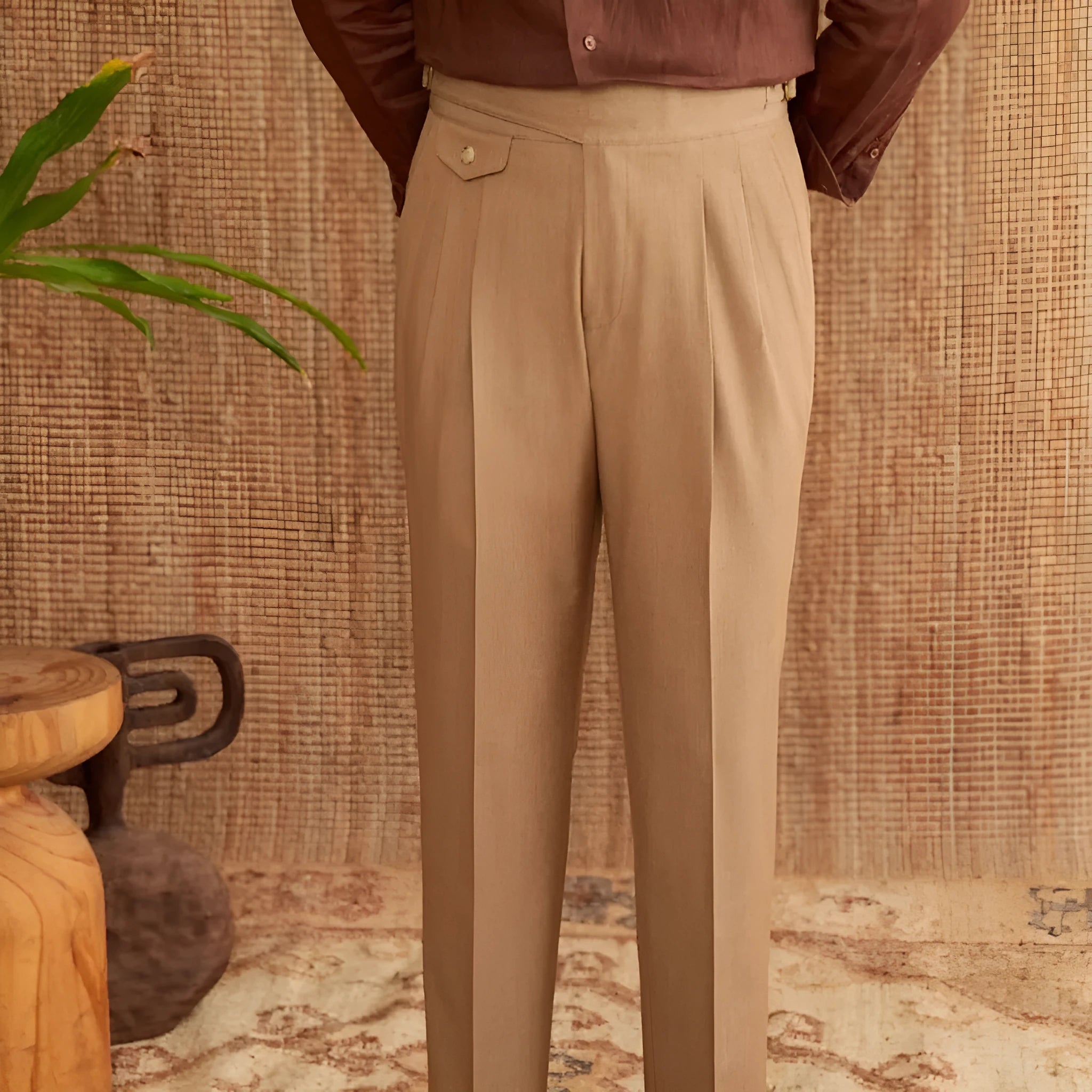 Men's slim fit straight leg trousers in wrinkle-resistant polyester fabric
