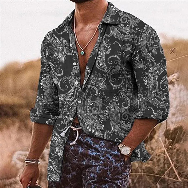 Man wearing a loose-fit long sleeve shirt with a detailed 3D floral digital print pattern.