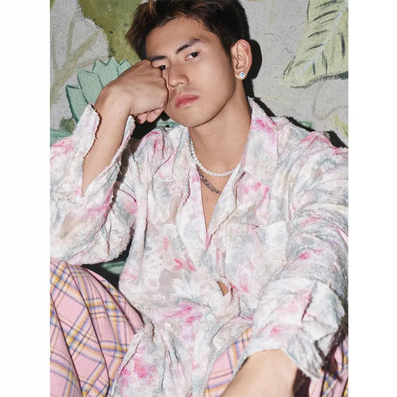 Embossed floral pattern long sleeve shirt in chemical fibre blend fabric available in pink and blue colours