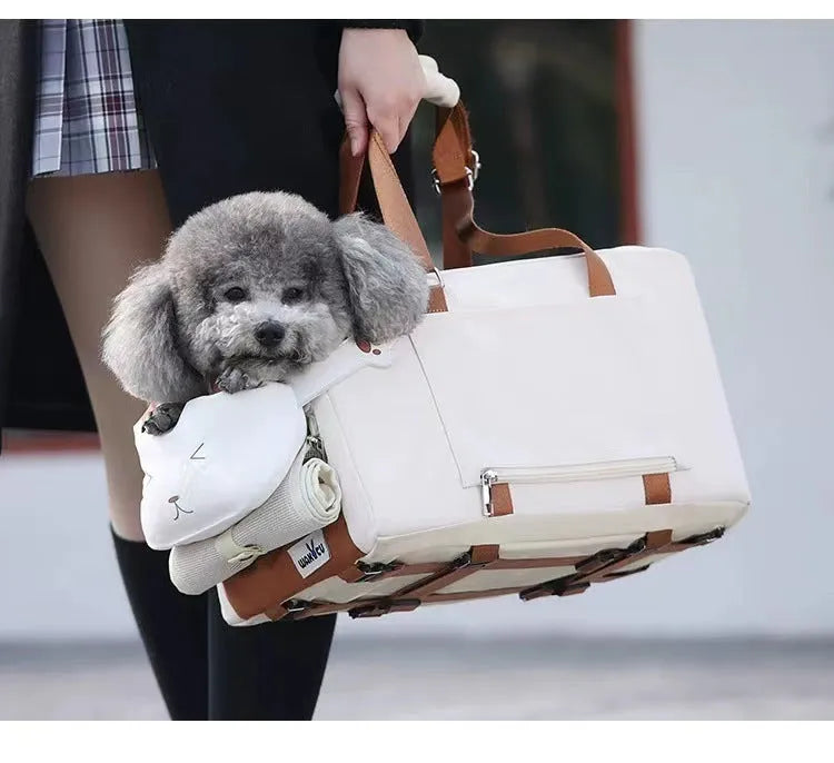 Beige hard shell one-shoulder pet carrier bag for cats under 15kg with EPE padding, size 43x25x22.5cm