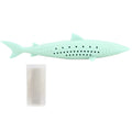 Green silicone fish-shaped cat chew toy with breathable side holes for catnip scent