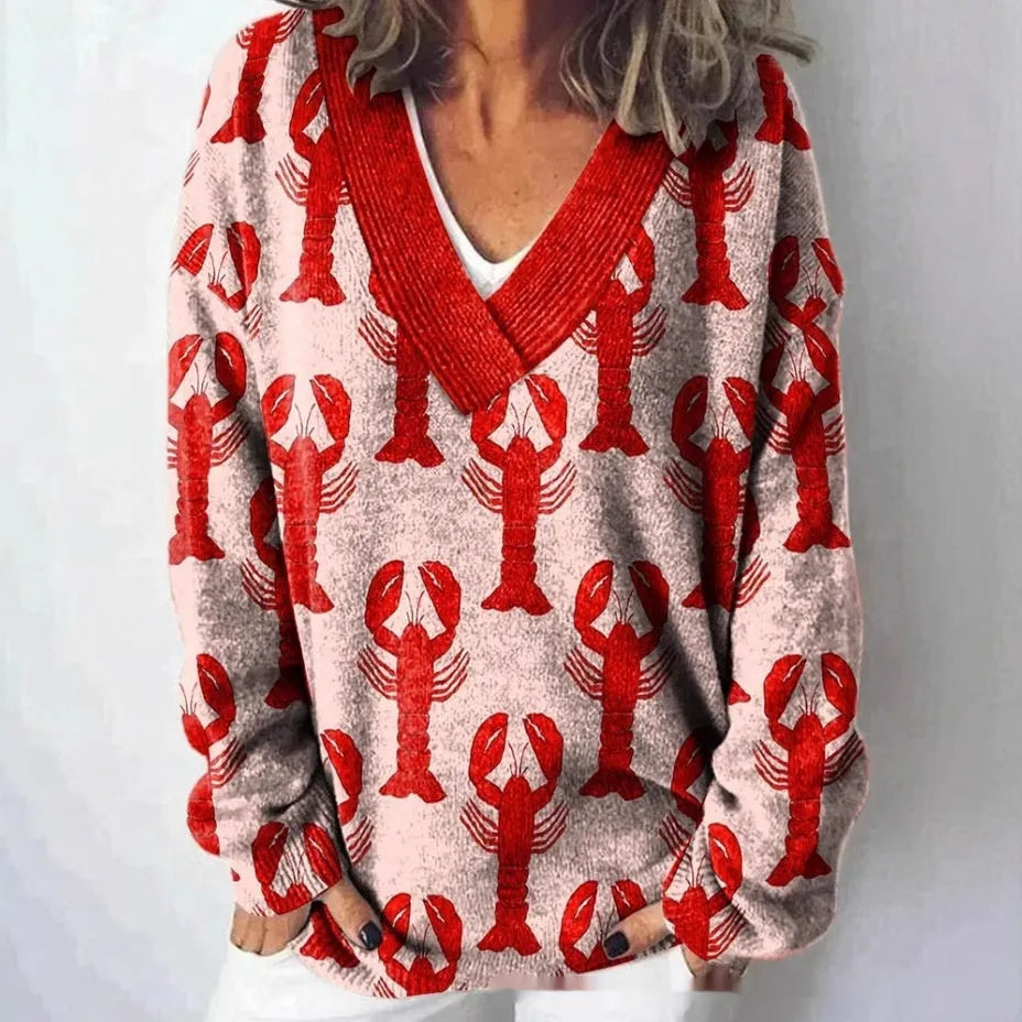 Women's floral print V-neck long sleeve sweatshirt with 3D pattern effect
