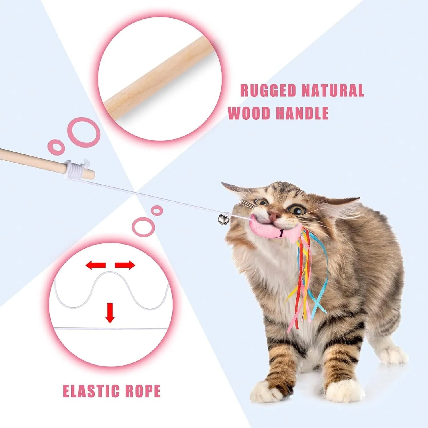 Cat wand toy with colourful ribbons, catnip fish, and bell on wooden handle for interactive play