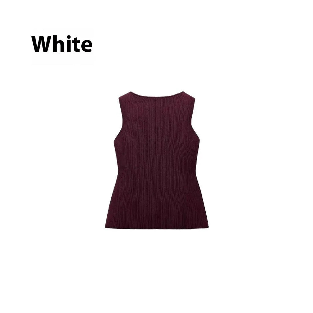 Slim fit dark red viscose sleeveless cardigan vest with gold buttons on a mannequin.