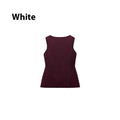 Slim fit dark red viscose sleeveless cardigan vest with gold buttons on a mannequin.