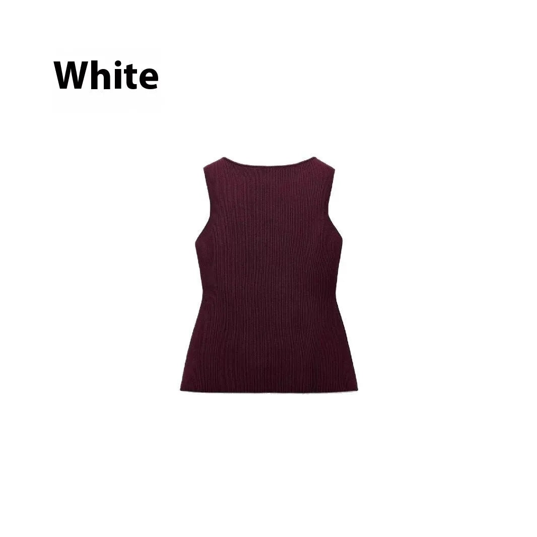 Slim fit dark red viscose sleeveless cardigan vest with gold buttons on a mannequin.