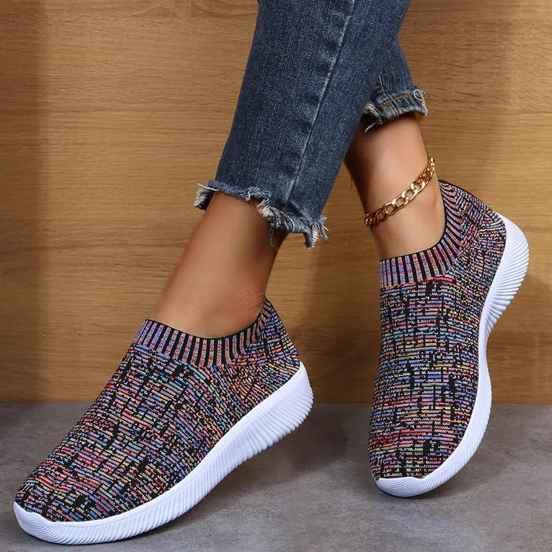 Unisex stripe knit sock shoes in white with low-top design and EVA sole for running and walking