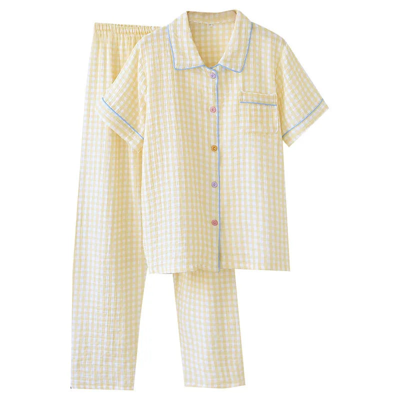 Women's washed cotton gauze short-sleeved top and loose trousers summer outfit set.