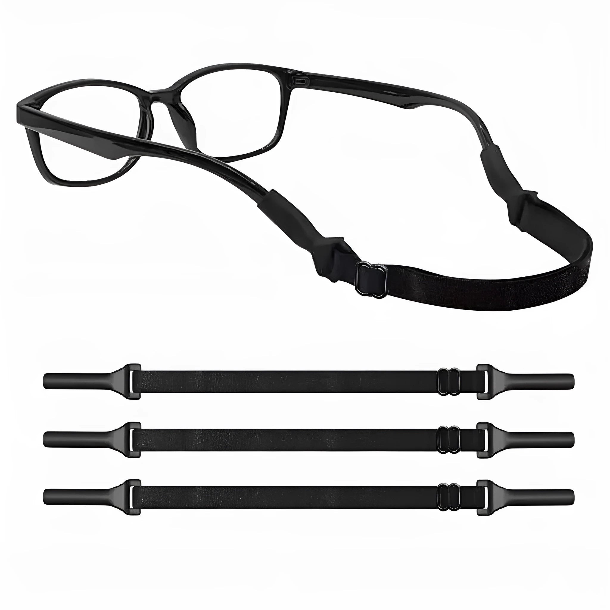 Black adjustable glasses cord with silicone earpiece attachments and fibre rope