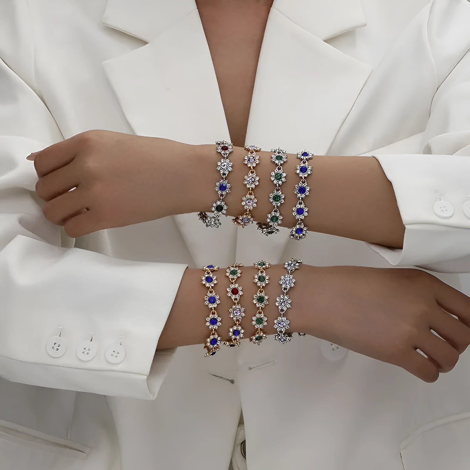 Women's zinc alloy floral bracelet with electroplated finish showing colour variations