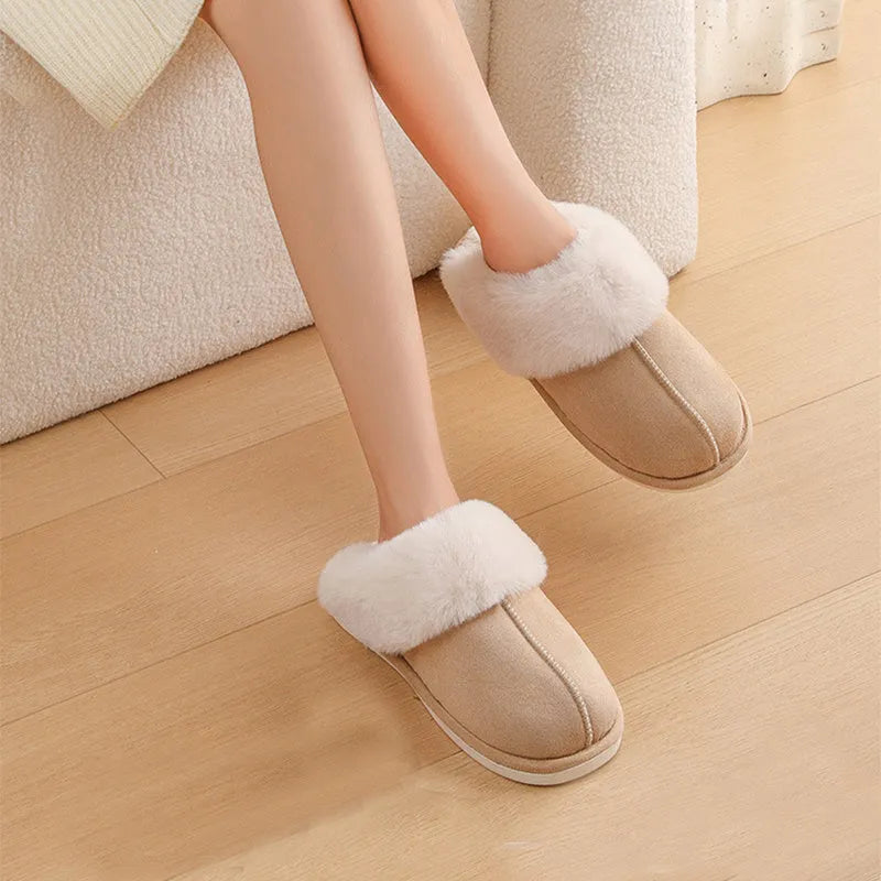 Women's plush winter slippers with artificial wool lining and anti-slip PVC soles in multiple colours
