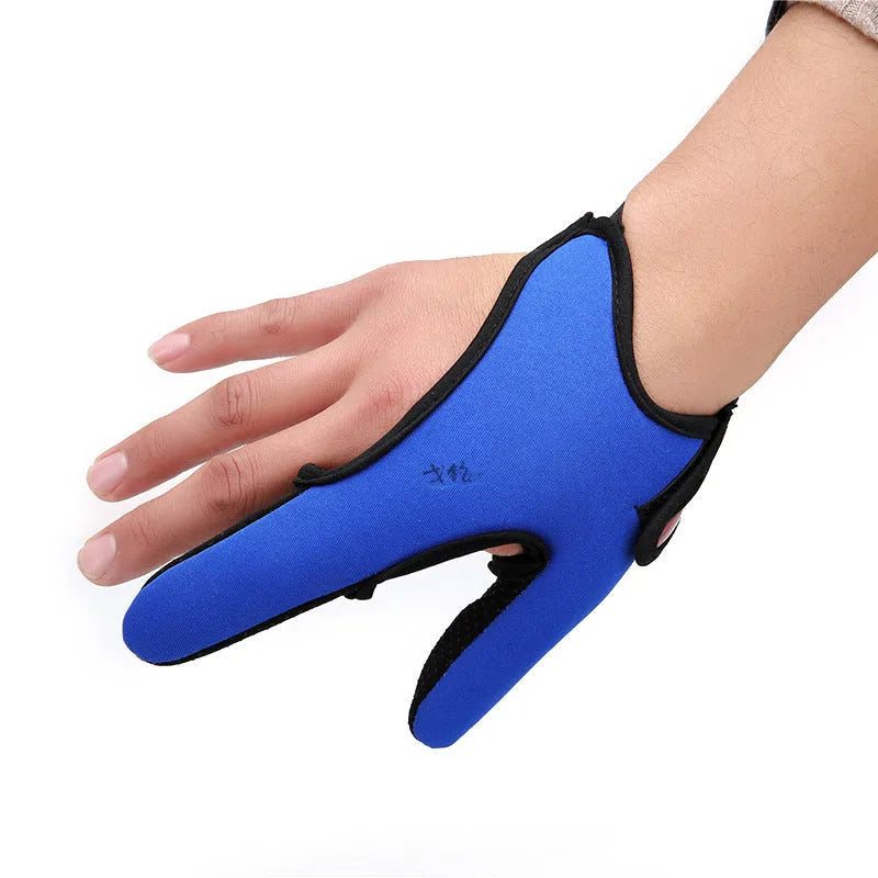 Fishing tackle two finger glove showing diving cloth back and microfiber palm, available for right or left hand
