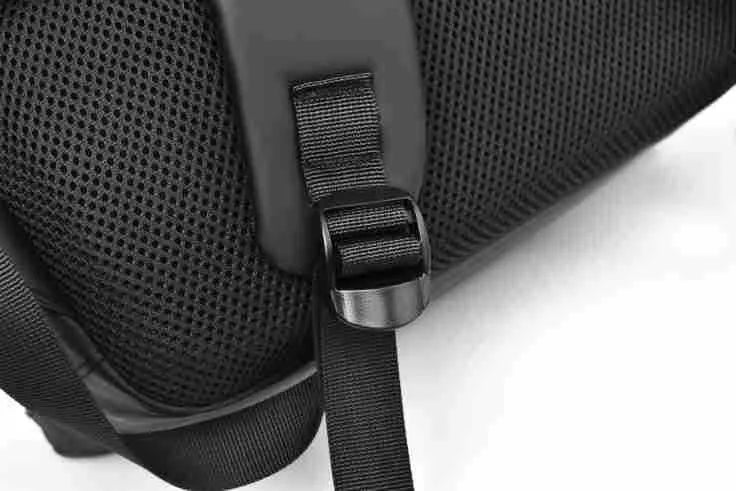Waterproof PU leather men's backpack in black, blue and grey colour options showing large capacity design