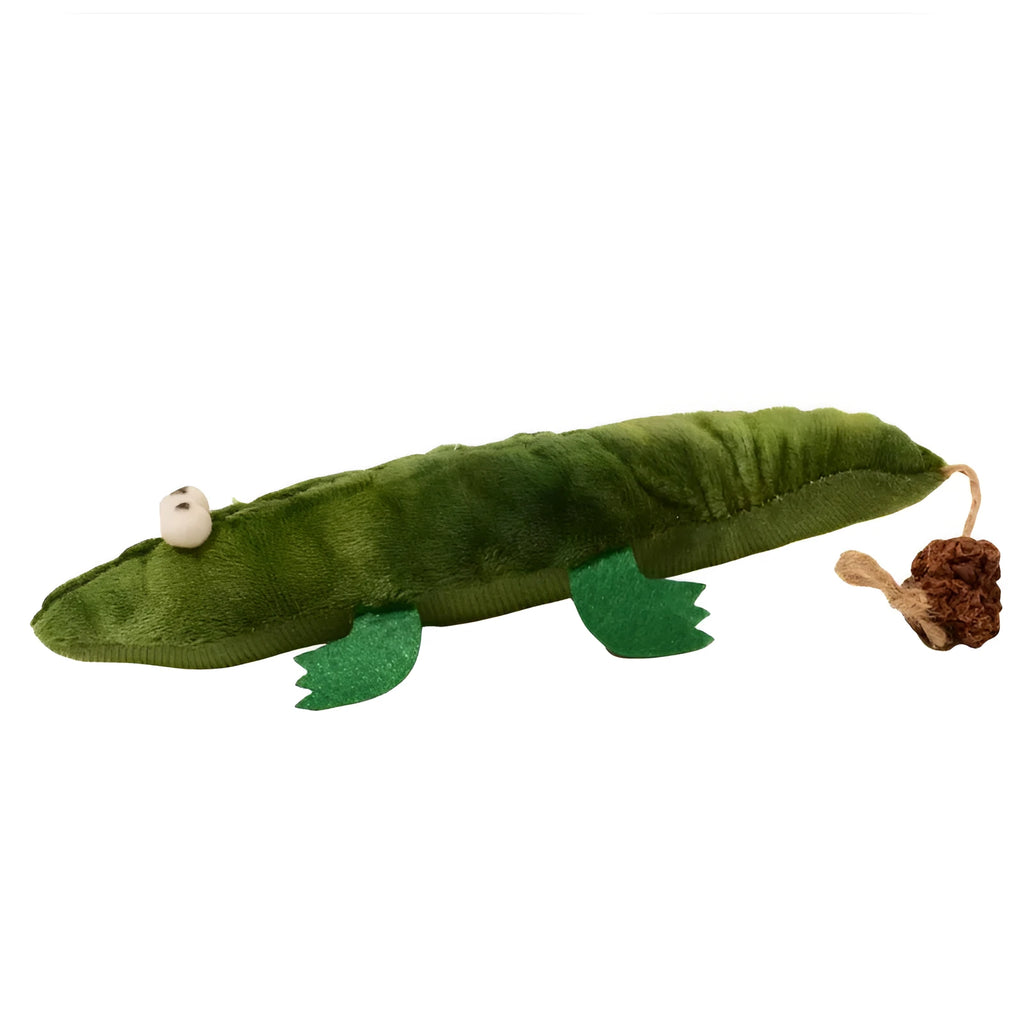 Green plush alligator catnip toy with textured scales and long tail for feline play