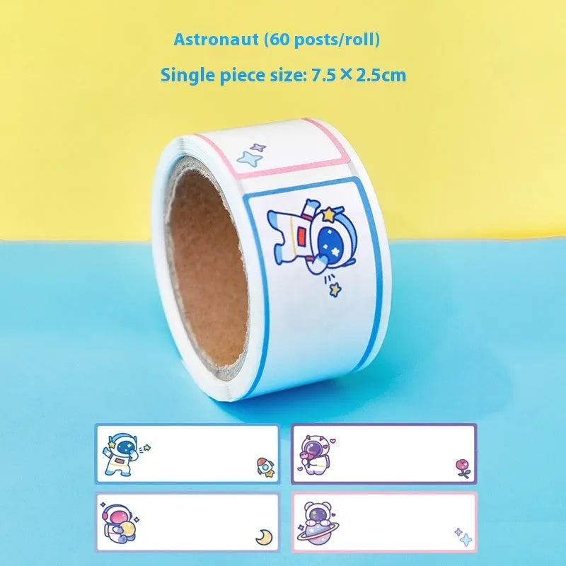 Roll of cartoon message index stickers showing dinosaur, astronaut, rabbit, and girl designs