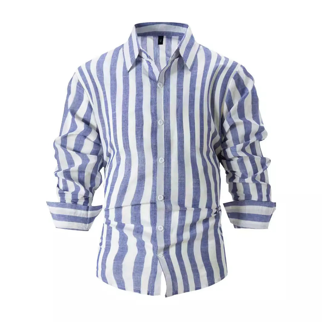Man wearing a light grey and black striped loose-fit long sleeve casual shirt, British cardigan style.