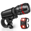 Bicycle headlight and taillight set with a black handlebar mounting bracket on a bicycle.