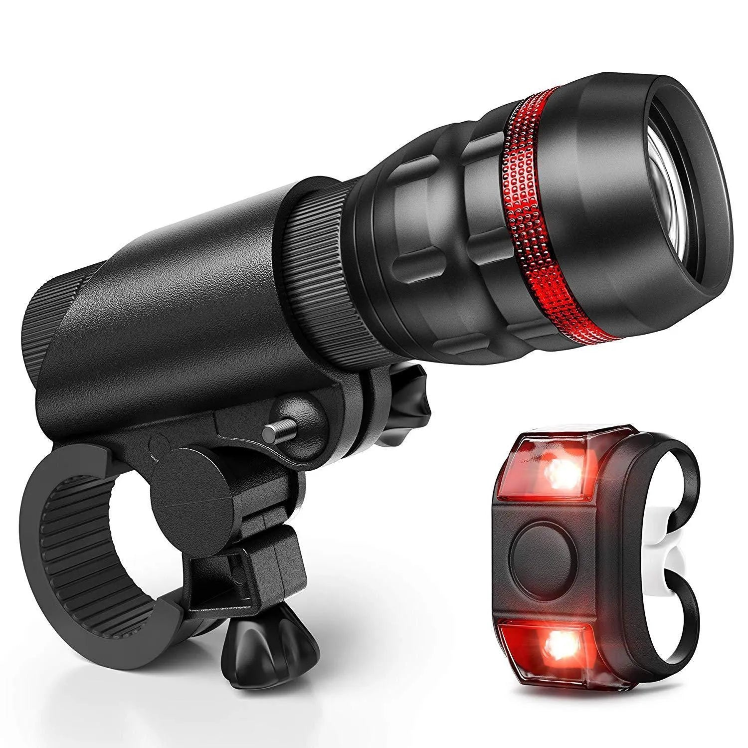 Bicycle headlight and taillight set with a black handlebar mounting bracket on a bicycle.