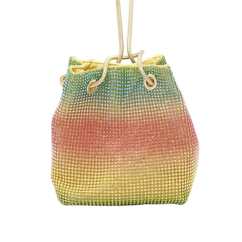 Soft rhinestone bucket handbag with diamond stud detailing in rainbow colour variations