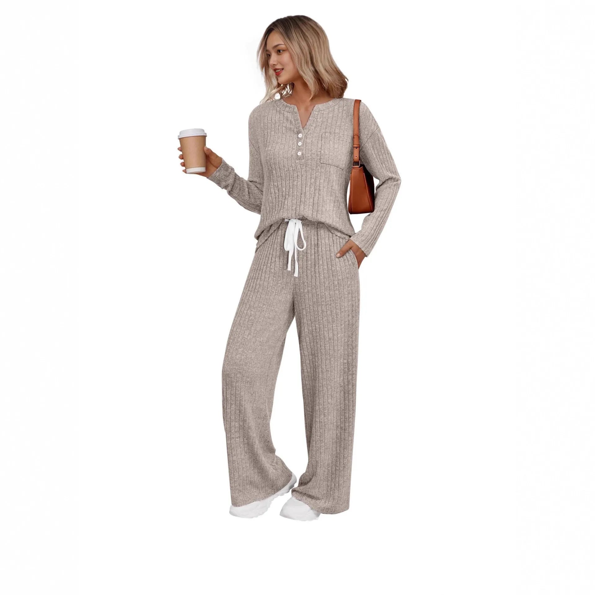 V-neck striped knit long coat with pockets and matching pants in light gray, six colour options