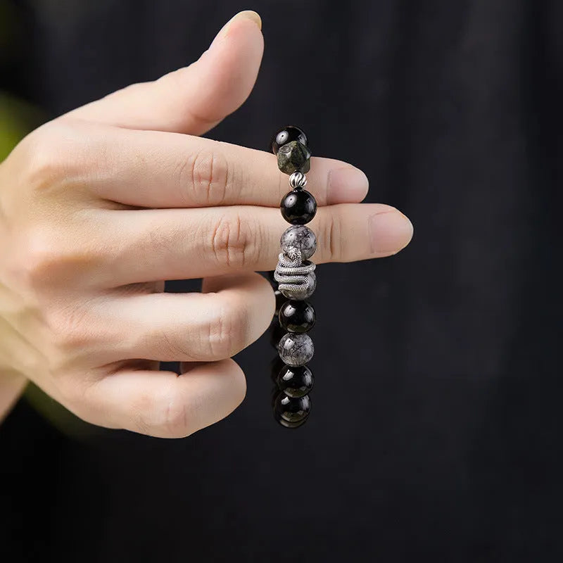 S925 Sterling Silver snake year bracelet with obsidian black hair crystal and retro design