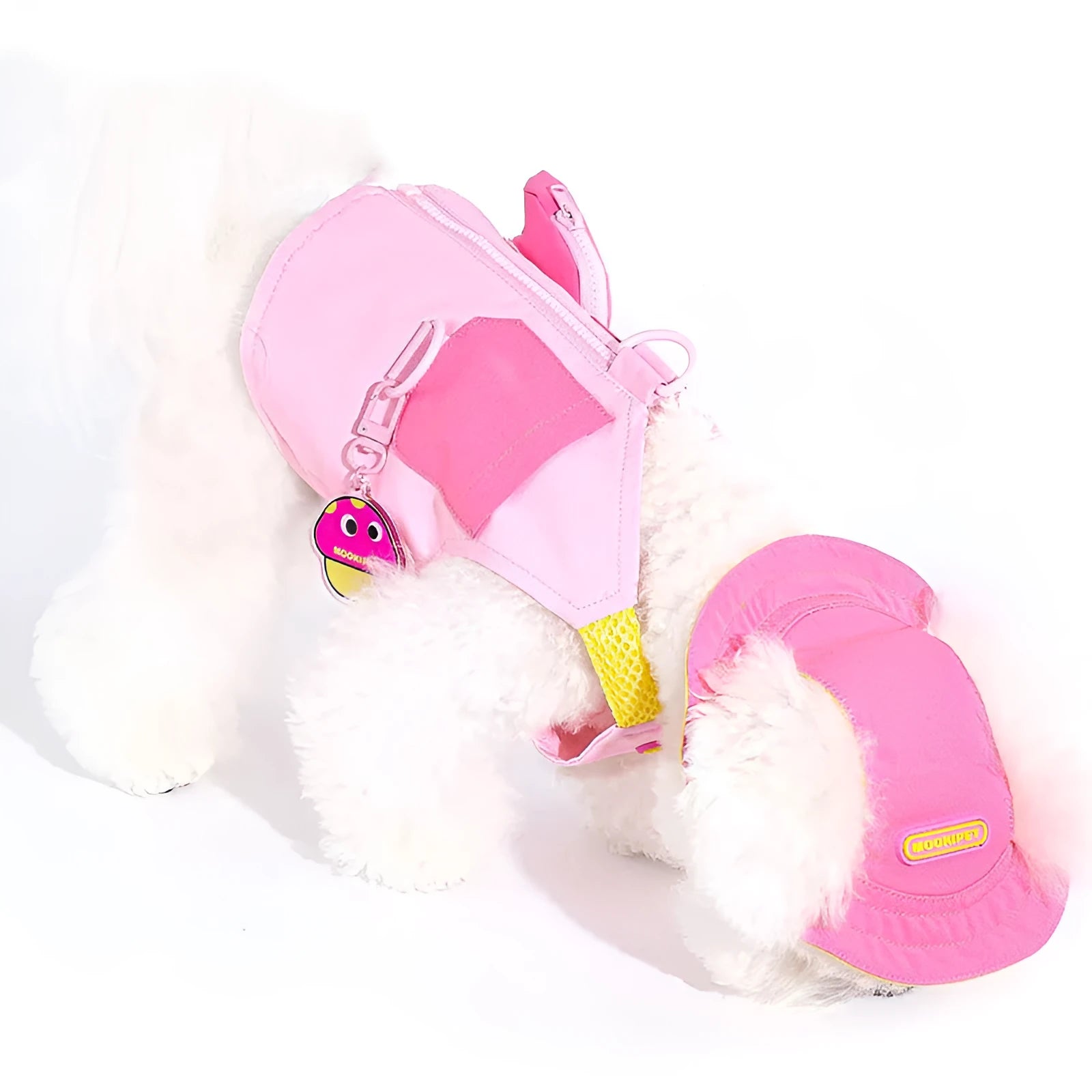 Pink pet traction vest made from 100% polyester fibre with leash ring hole, available in sizes XXS to XXL.