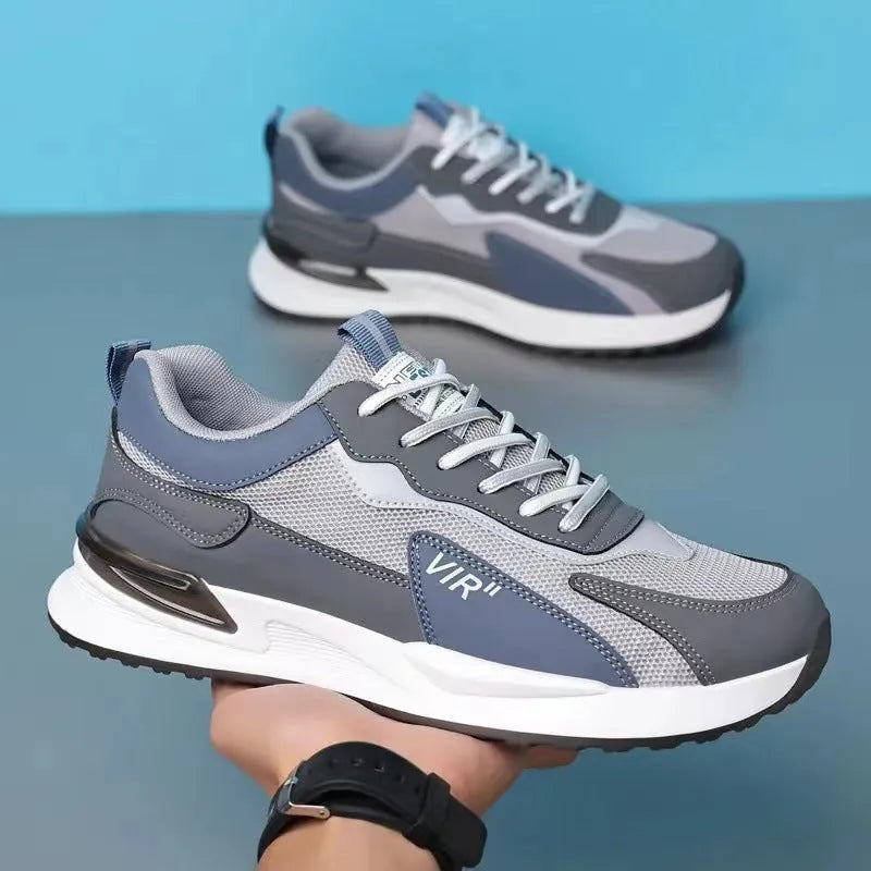 Men's colour block mesh lace-up running shoes in black, grey, or white with low-top round toe.