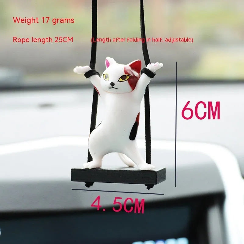Cartoon-style resin cat pendant on a 25cm rope for hanging from a car rear-view mirror.