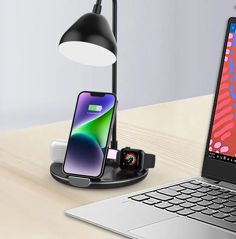 Black magnetic folding wireless charger shown open and closed, with integrated USB cable.