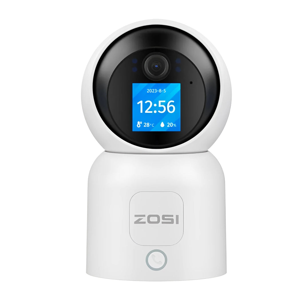 Zhou Shi wireless indoor security camera with built-in screen on white plastic housing