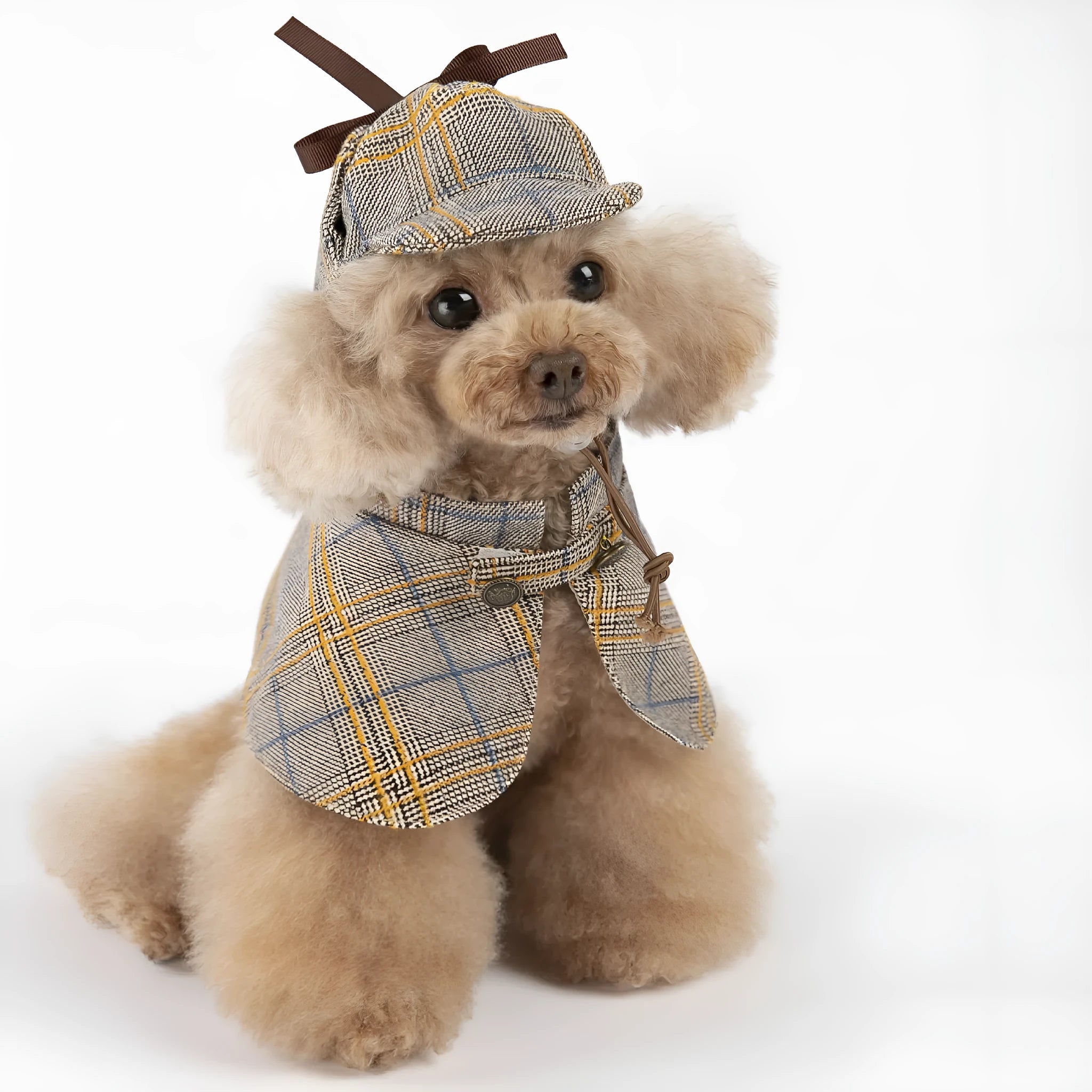 Camel-coloured detective-style cotton cloak for a small dog on a harness, showing the adjustable hat.