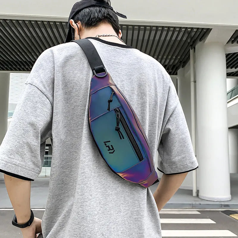 Blue reflective crossbody cycling bag made from Oxford cloth with open pockets and soft handle