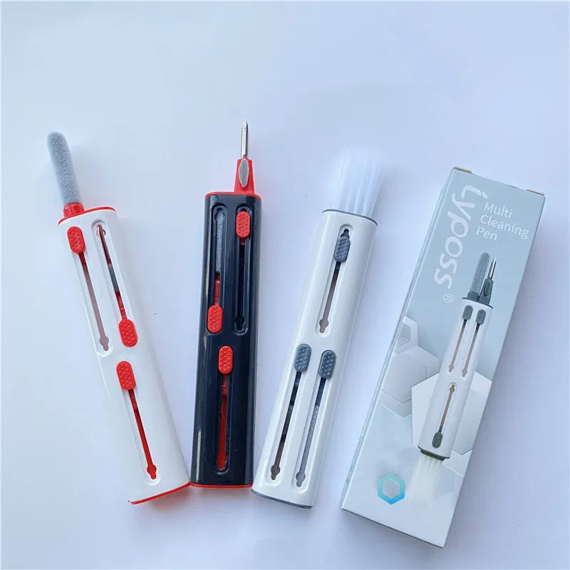 Cleaning pen for AirPods and Bluetooth earbuds with four heads including brush and sponge, in black and red colour