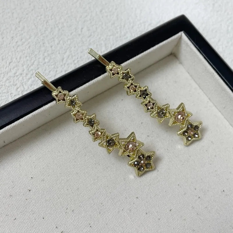 Gold alloy rhinestone barrette clip with five-pointed star and single word design for side bangs