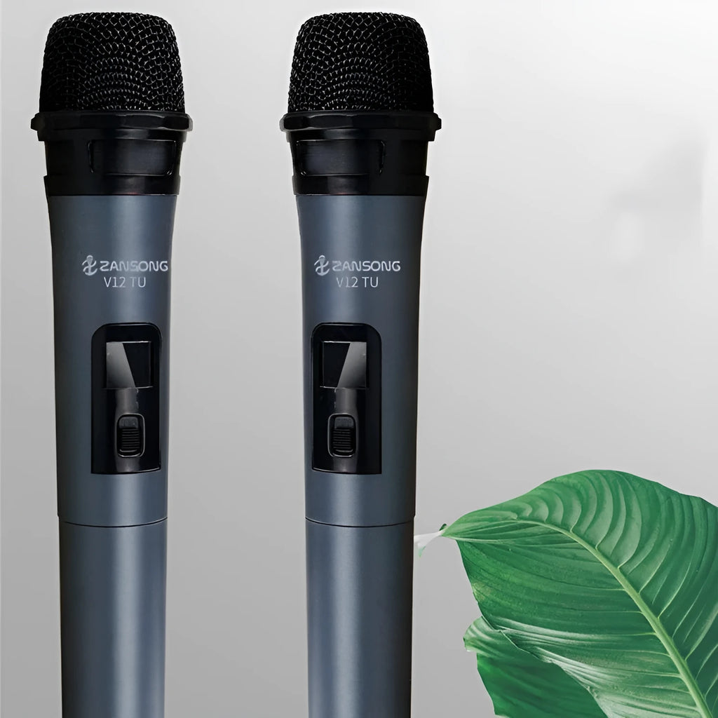 Black V12 dynamic wireless handheld microphone with USB receiver, audio cable and adapter