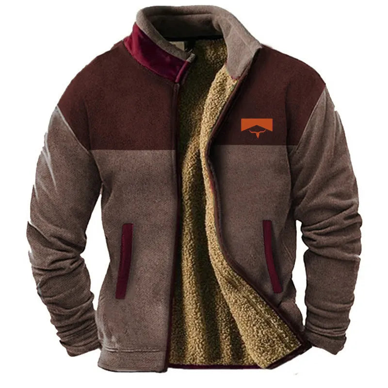 Men's green polyester fleece padded coat with a regular fit on a hanger.