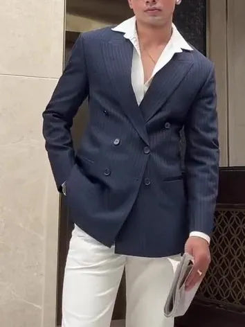 Men's classic stripe double-breasted blazer on a hanger showing the front button closure and striped pattern.