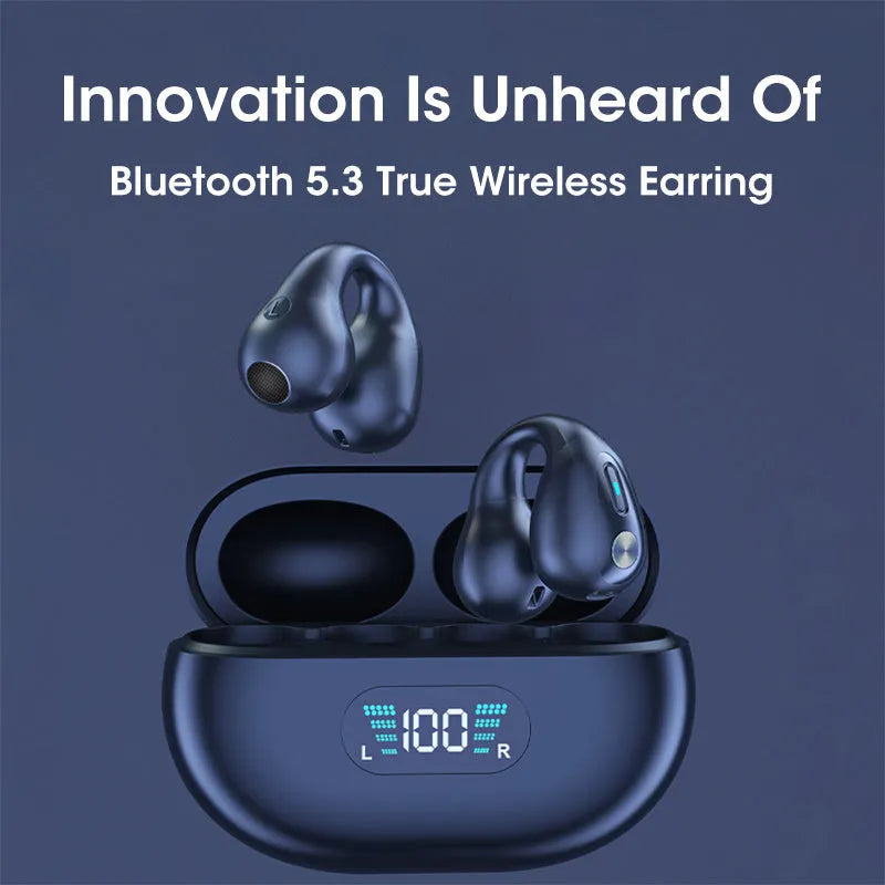 Black bone conduction Bluetooth headset clip shown on a colour box.